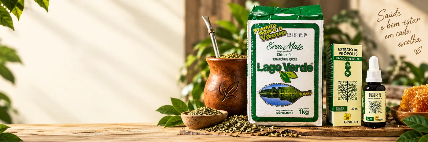 Erva-mate Lago Verde, chimarrão, própolis Apis Flora e mel em uma composição natural